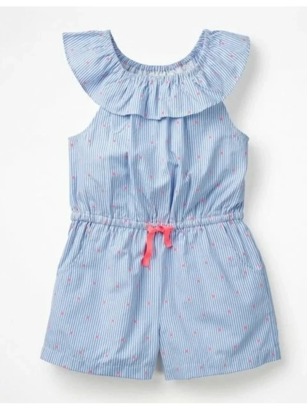 Mini Boden Girls Ruffle Neck Romper, Size 5/6